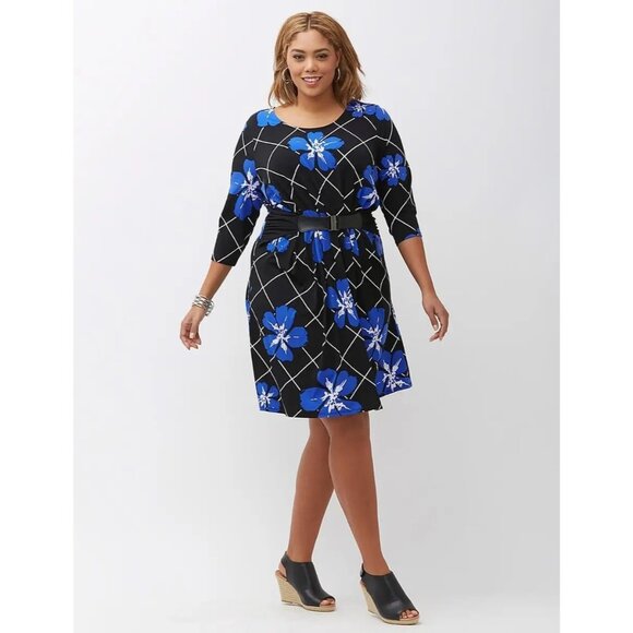 Lane Bryant Blue Floral Print Dress Attached Belt Size 22/24 3X Plus Size Career - Picture 1 of 13